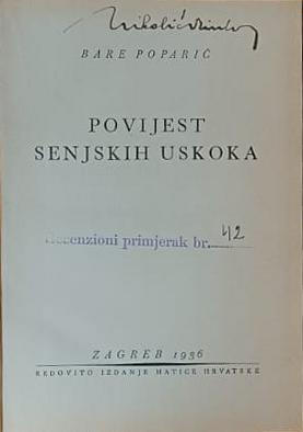 Poparić: Povijest senjskih Uskoka (potpis)